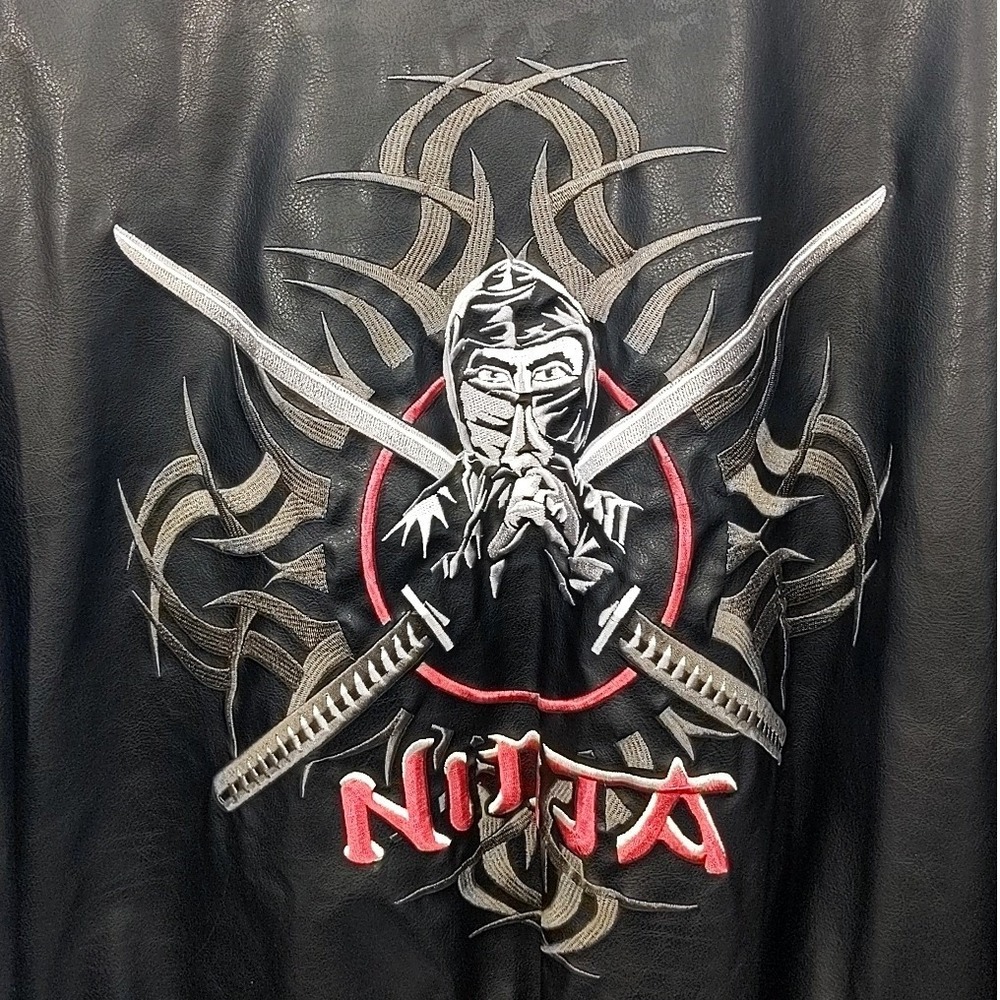 VTG Y2K Steve & Barry's Ninja Varsity Bomber Jacket Large Men Black Faux Leather - Picture 4 of 9